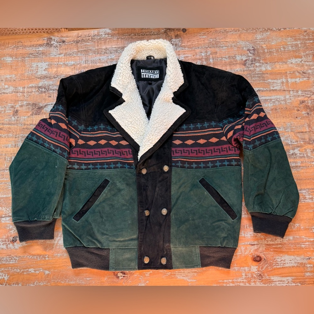 Vintage Tuscany Leather, Leather bomber jacket w/ southwestern Aztec print
